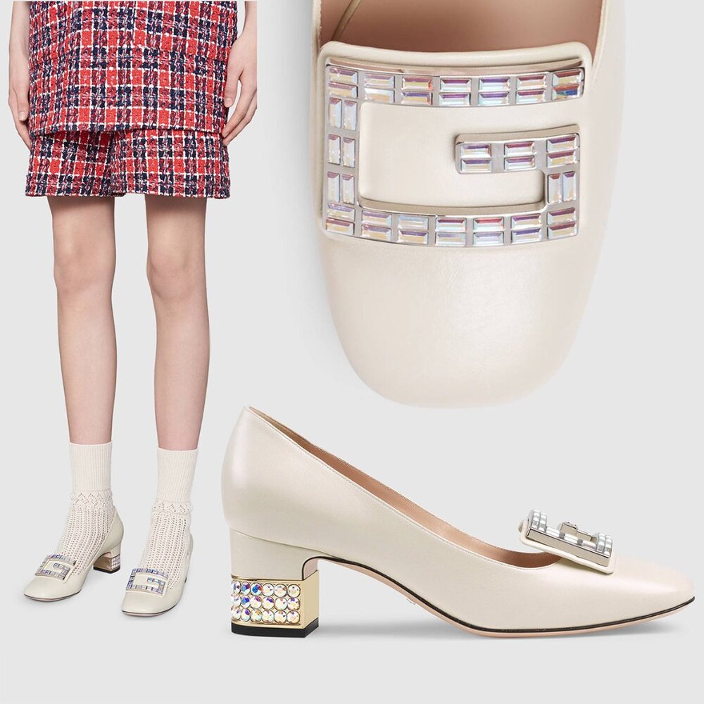 GUCCI SHOES MADELYN PUMPS CRYSTAL G BUCKLE LEATHER sz IT 37.5 US 7.5